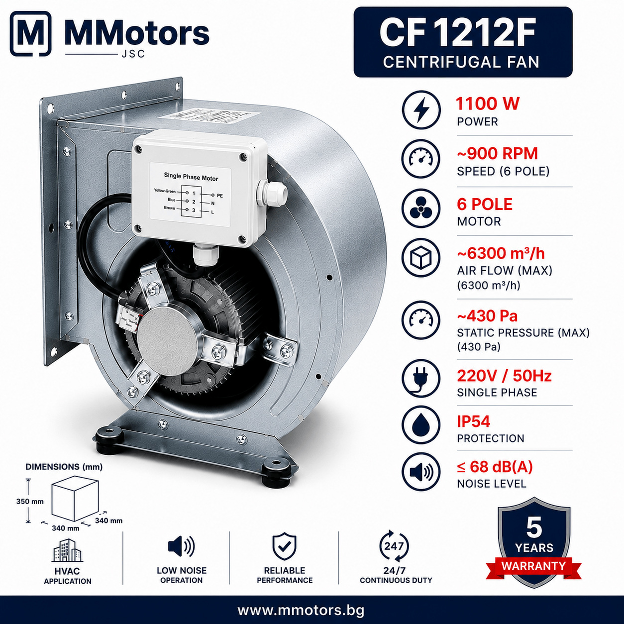 Центробежен двойнозасмукващ вентилатор MMotors CF 12-12 F 6P 1V, 1100 W