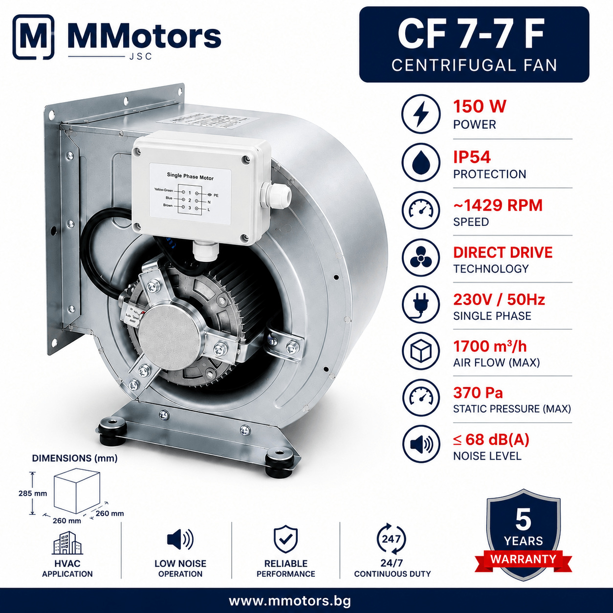 Центробежен двойнозасмукващ вентилатор MMotors CF 7-7 F 4P 1V, 150W, 1700 m³/h